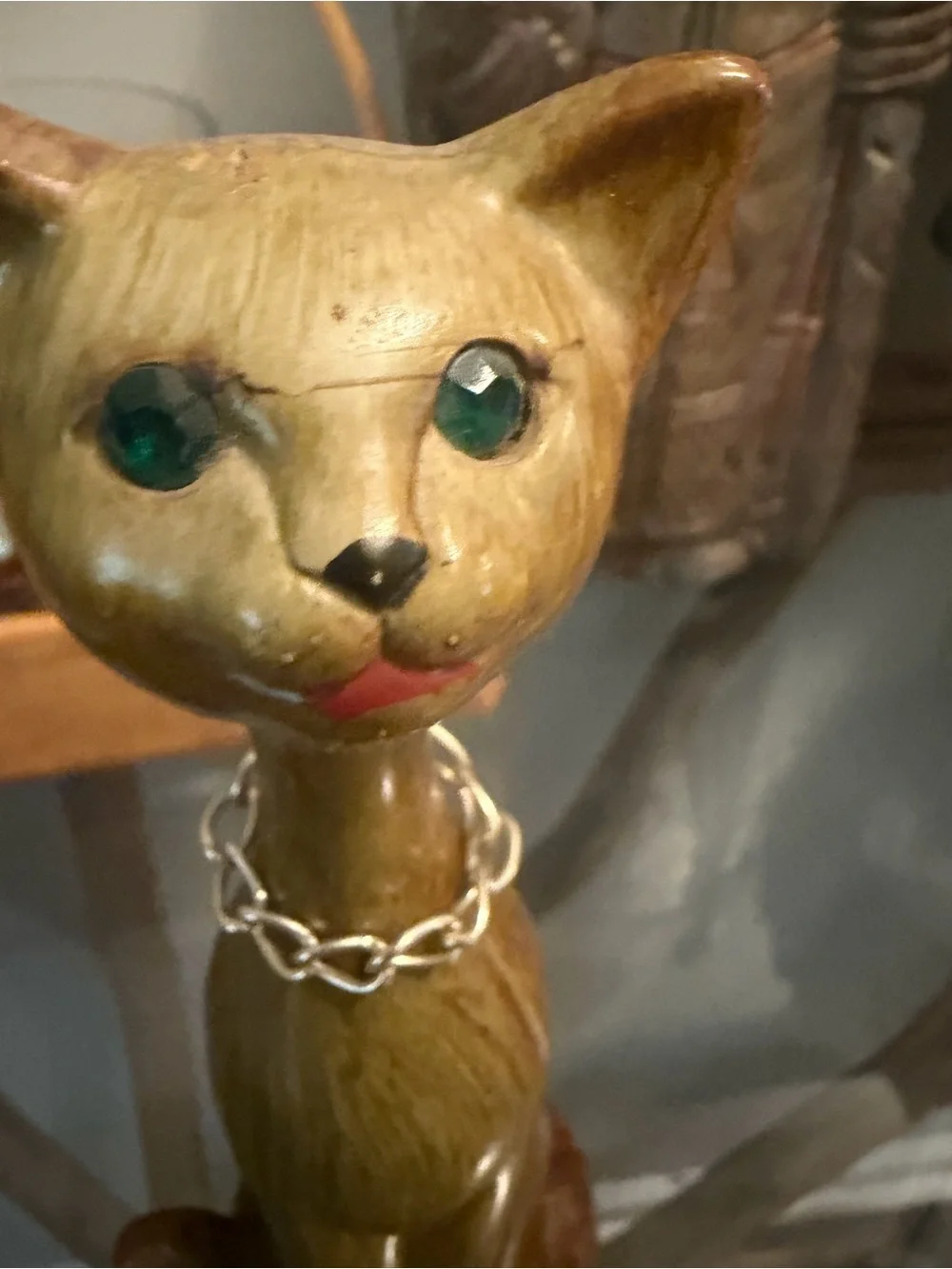 Vintage Decorative Cat Figurine w green gem eyes and necklace. Wood.